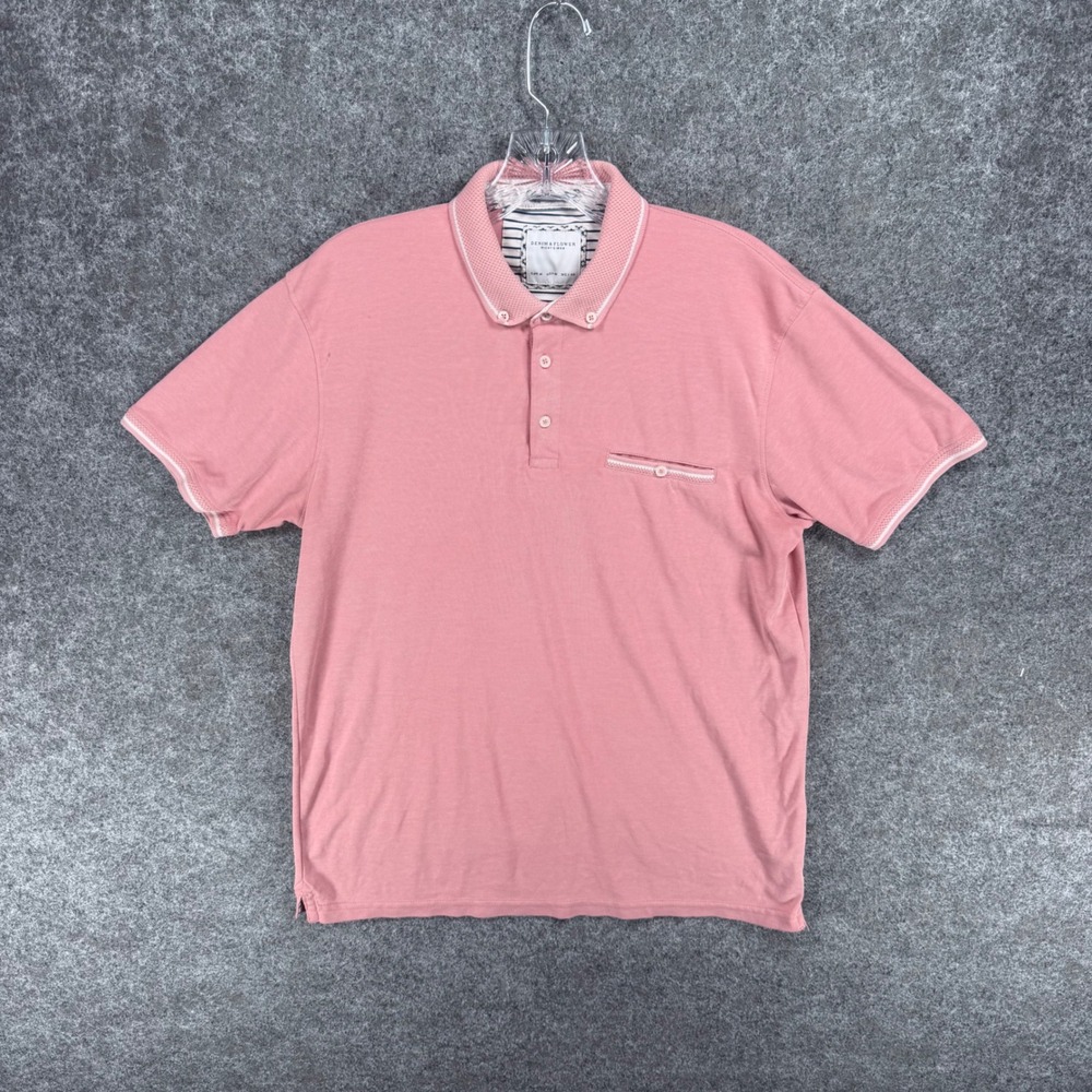 Denim & Flower Ricky Singh Men's M Pink Polo Shirt Button Collar Pocket stain